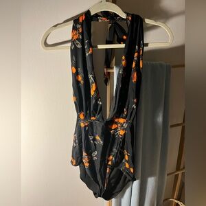Black and Orange Floral Halter Swimsuit